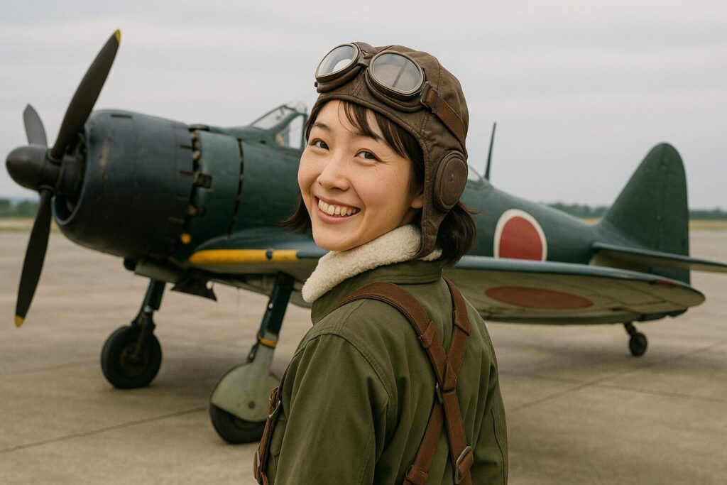 笑顔で振り返るレシプロ戦闘機の女子パイロット