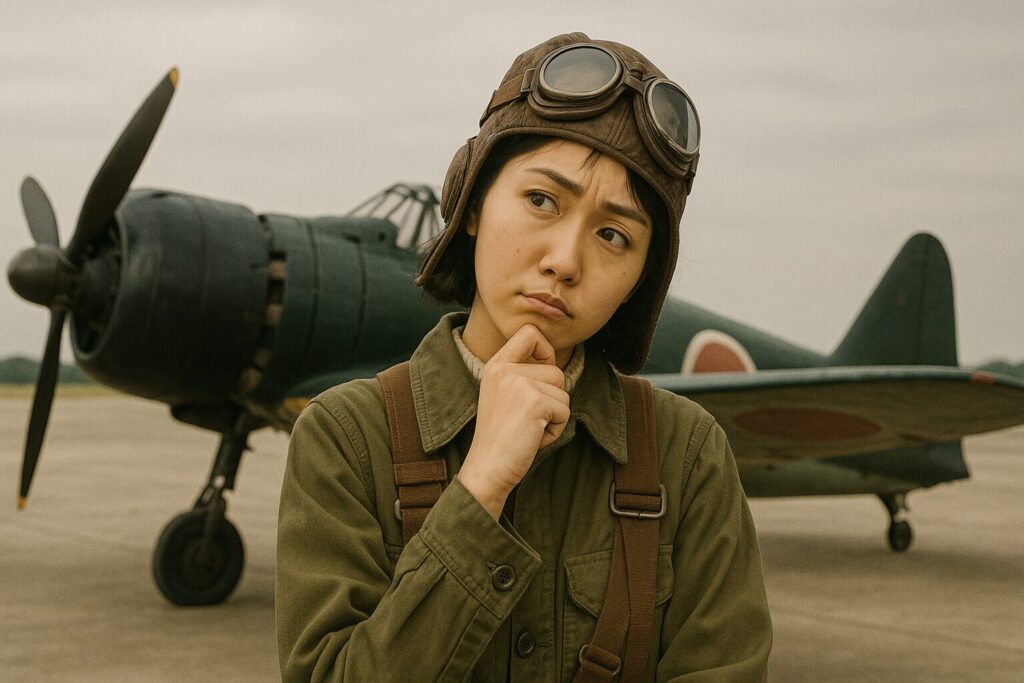 首を傾げて悩む女子パイロット