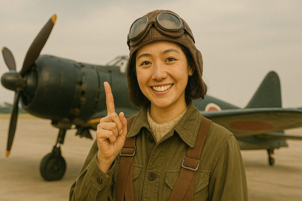 笑顔で人差し指を立てるレシプロ戦闘機の女子パイロット