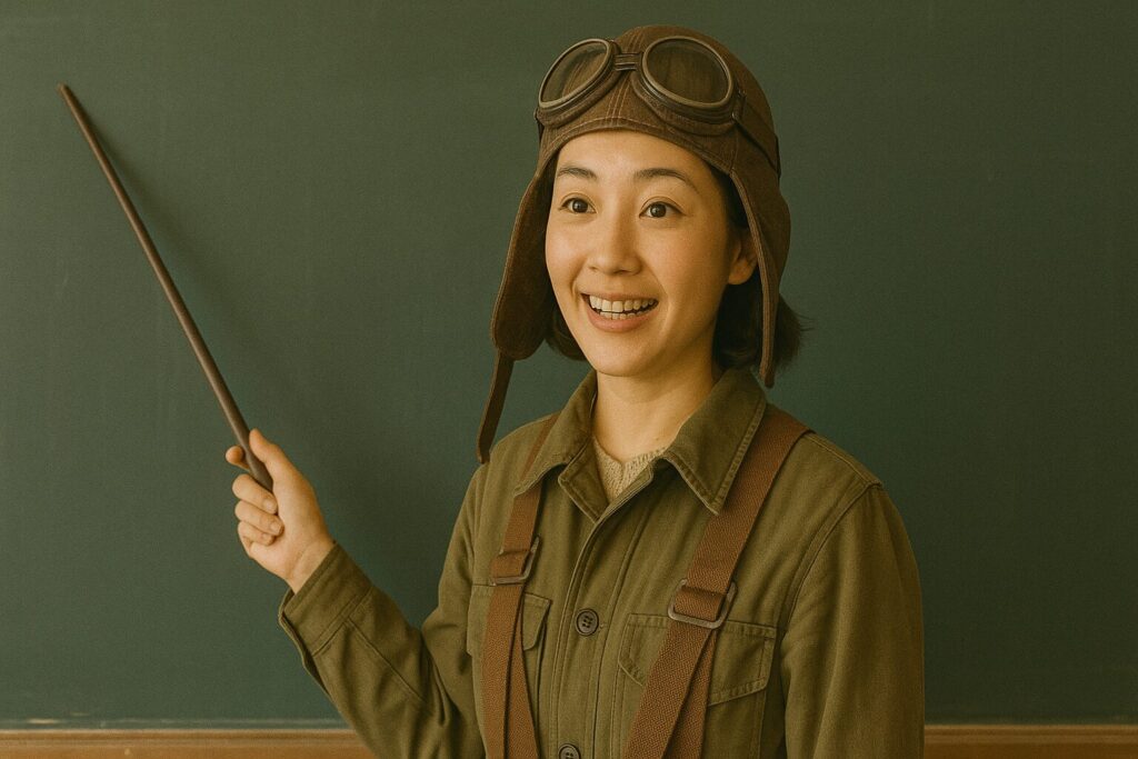 教鞭を使って講義する女子パイロット