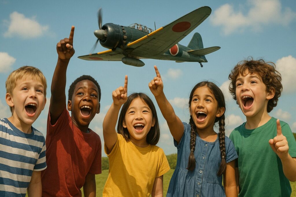 ゼロ戦を指差して歓声をあげる子供たち
