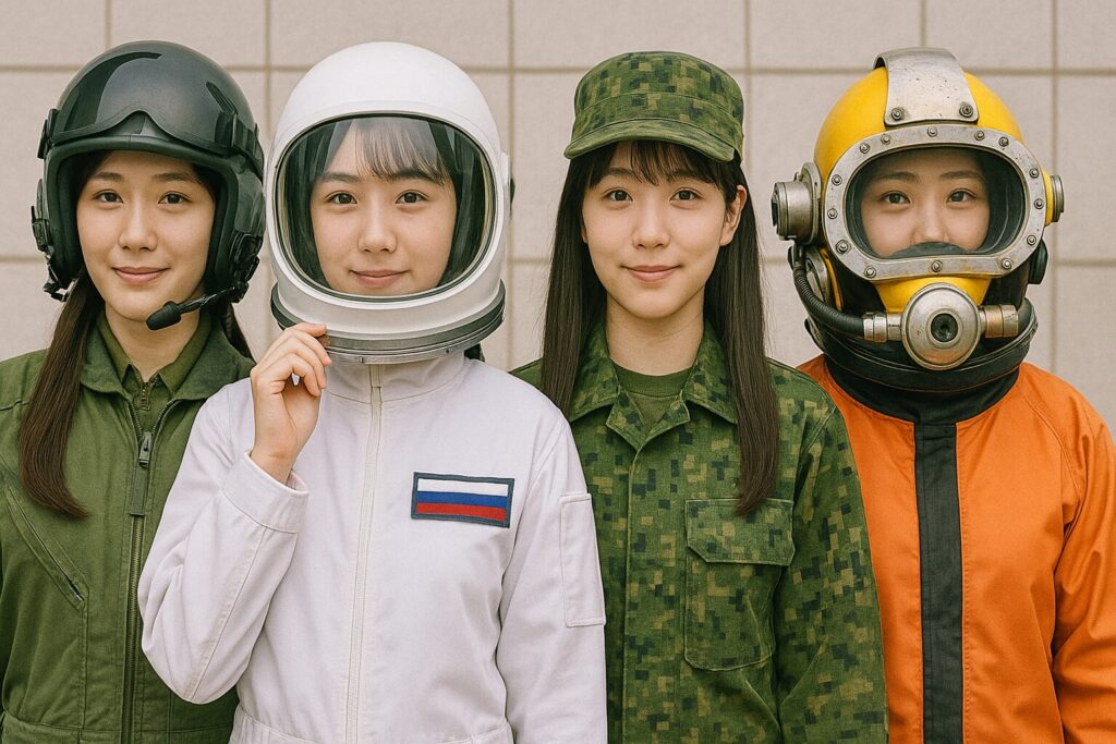 戦闘機パイロット、宇宙飛行士、自衛官、潜水士のコスプレをする女子高生