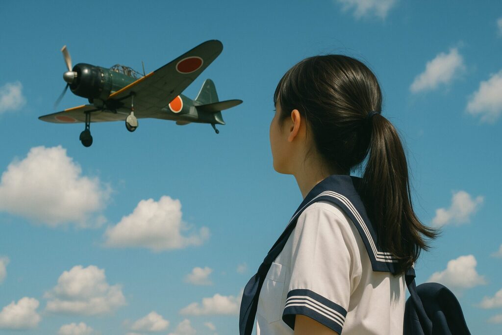 青空を飛ぶ零戦を見上げる女子高生