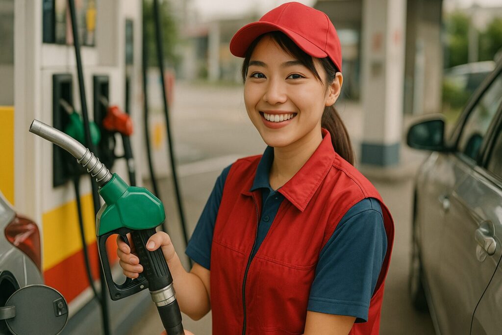 ガソリンスタンドの女子アルバイト
笑顔で給油ノズルをもっている