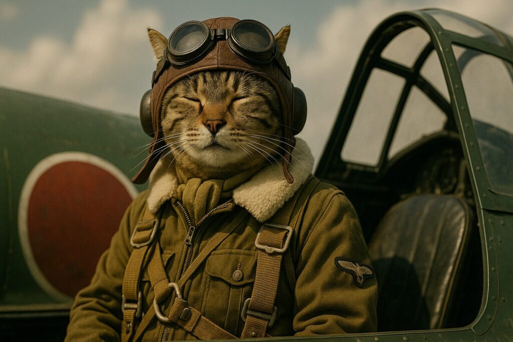 居眠りをしそうな猫の零戦パイロット