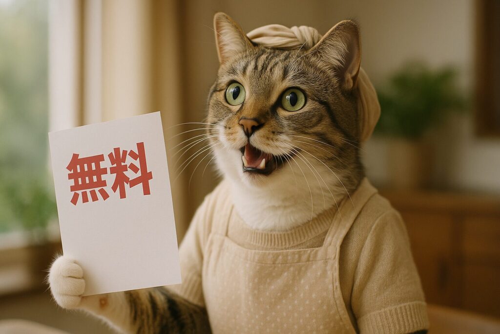 「無料」のチラシに喜ぶ猫の主婦