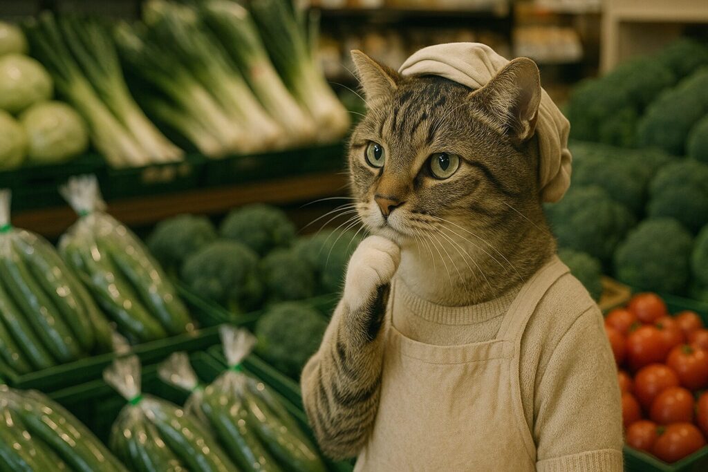 野菜売り場で考える猫の主婦