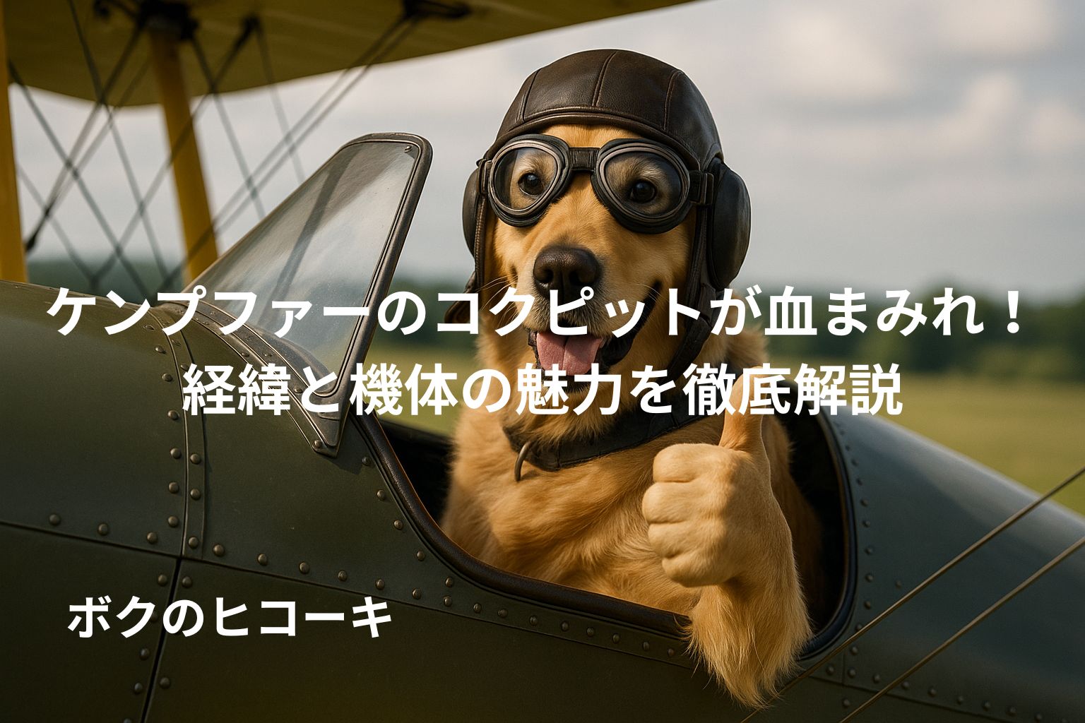 コクピットで親指を立てるラブラドールのパイロットとタイトル文字