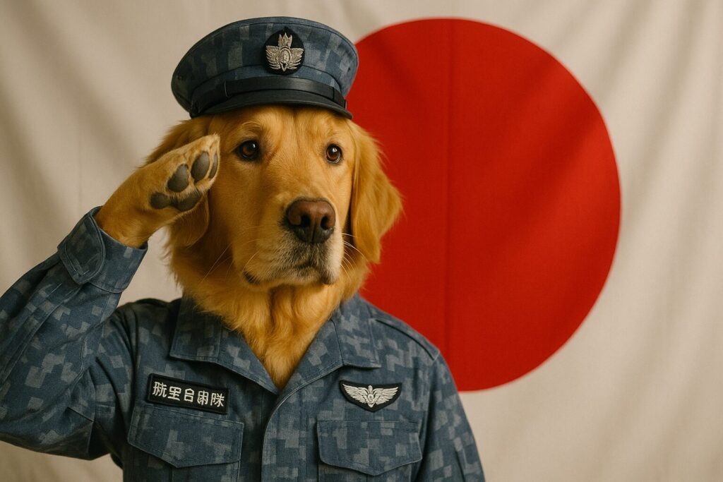 敬礼するレトリバーの航空自衛隊員
背景に大きな日の丸