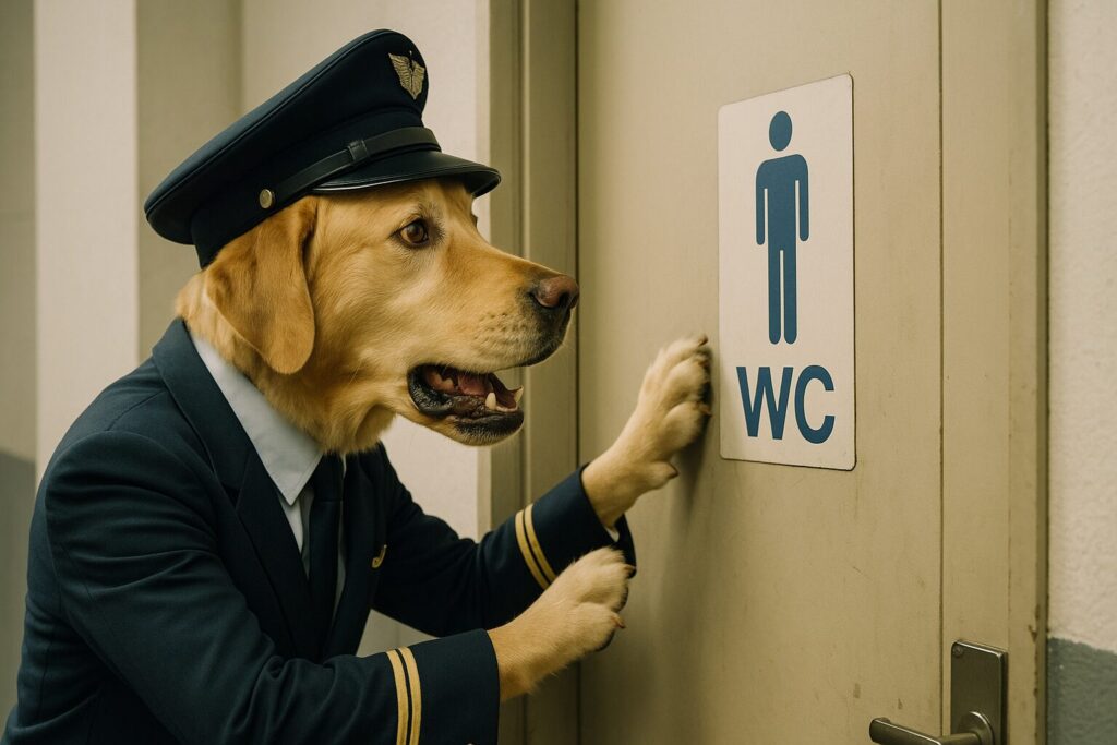 必死でトイレの扉をたたくレトリバーのパイロット