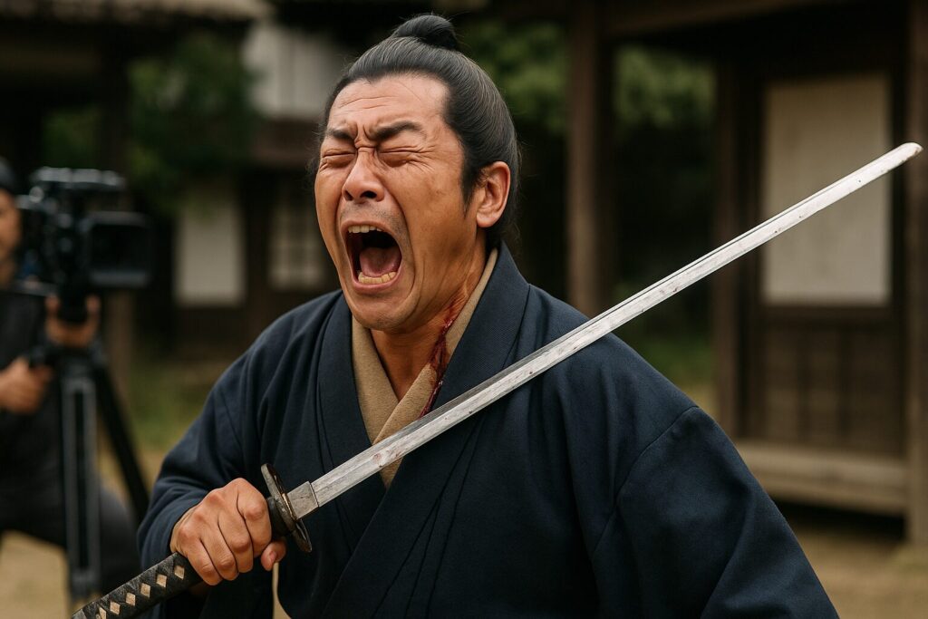 時代劇の撮影で迫真の演技をする切られ役