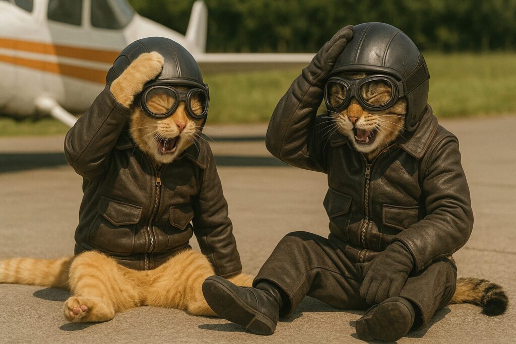衝突してしりもちをついた2匹の猫のパイロット
双方とも自分の頭をおさえて痛がっている