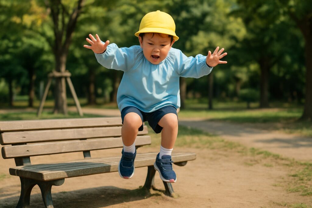 公園のベンチからジャンプして着地する幼稚園児