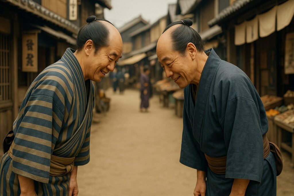江戸の市中で挨拶をかわす2人の番頭