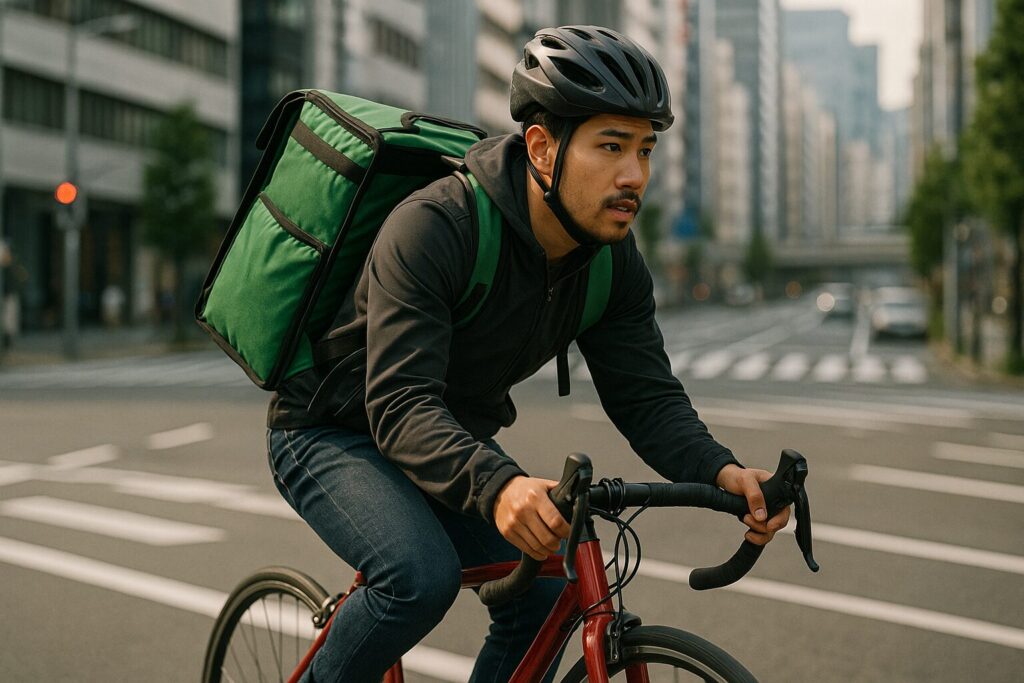 都内をロードバイクで疾走するフードデリバリーの配達員