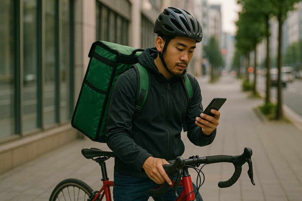 ロードバイクを止めてスマホを確認するフードデリバリーの配達員