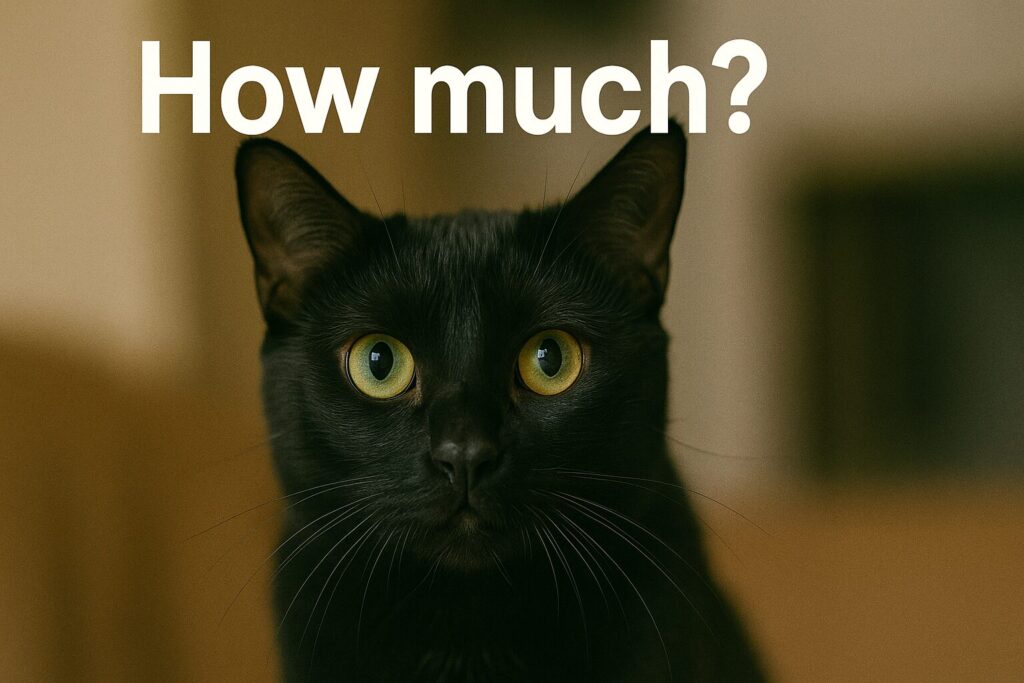 こちらを見つめる黒い猫
画面上部に白で「How much?」のテキスト