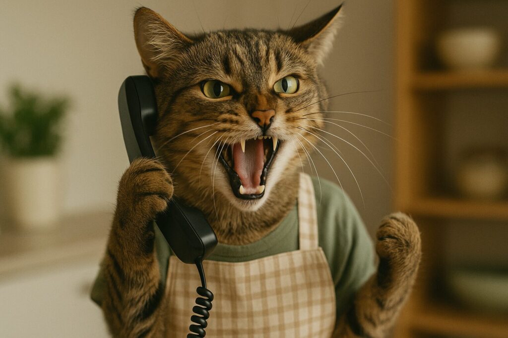 牙をむき激しいクレーム電話をかけている猫の主婦