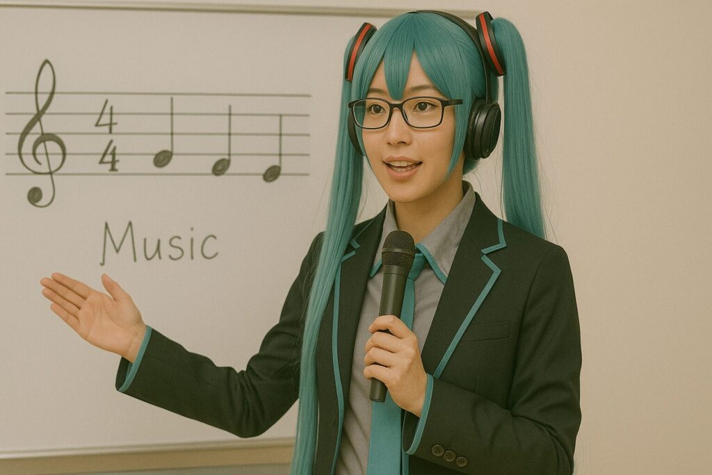 ホワイトボードの前で音楽の講義をする初音ミクのコスプレ女子