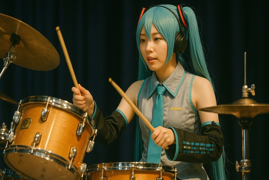 ステージでドラムをたたく初音ミクのコスプレ女子