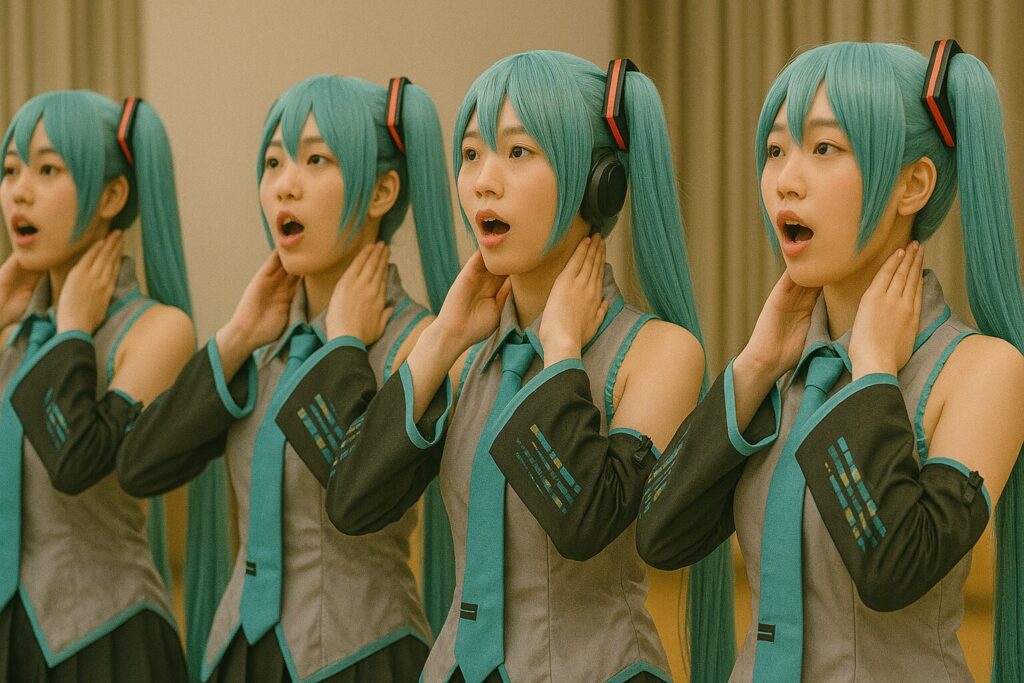 発声練習をする初音ミクのコスプレ女子たち