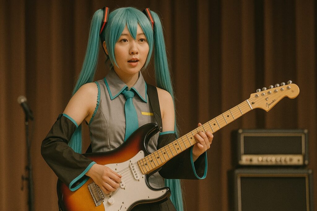 ステージでエレキギターを弾く初音ミクのコスプレ女子
