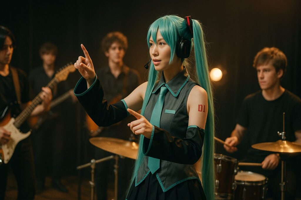 ステージでバンドとテンポを合わせる初音ミクのコスプレ女子