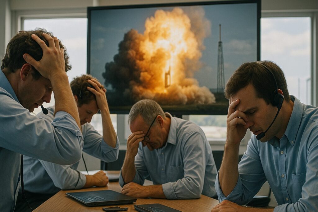 ロケットの打ち上げ失敗にうなだれる技術者たち