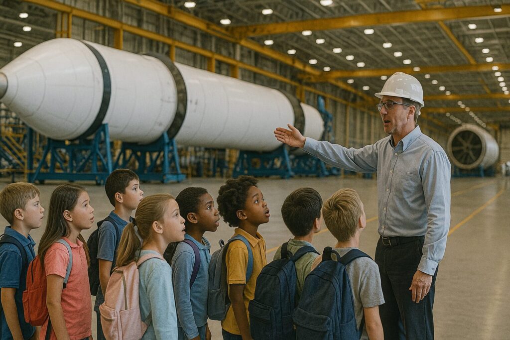 ロケットの生産工場を見学する小学生たち