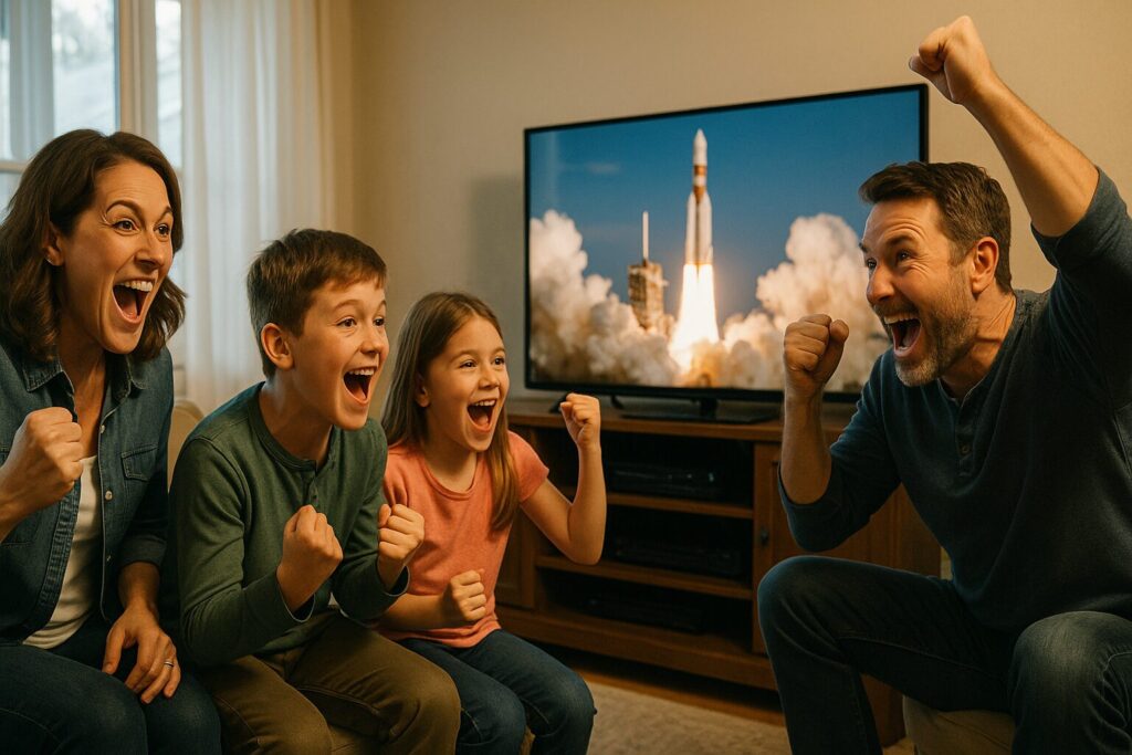 ロケットの打ち上げをモニターで見て盛り上がる家族