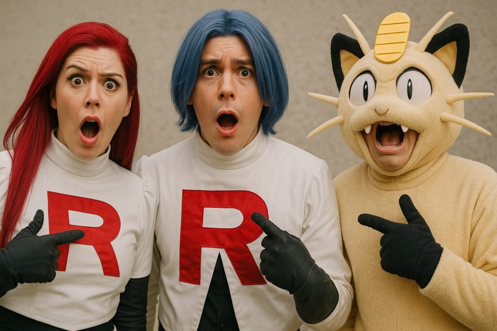 驚いた顔で自分を指さすポケモン「ムサシ」「コジロー」「ニャース」のコスプレ3人組
