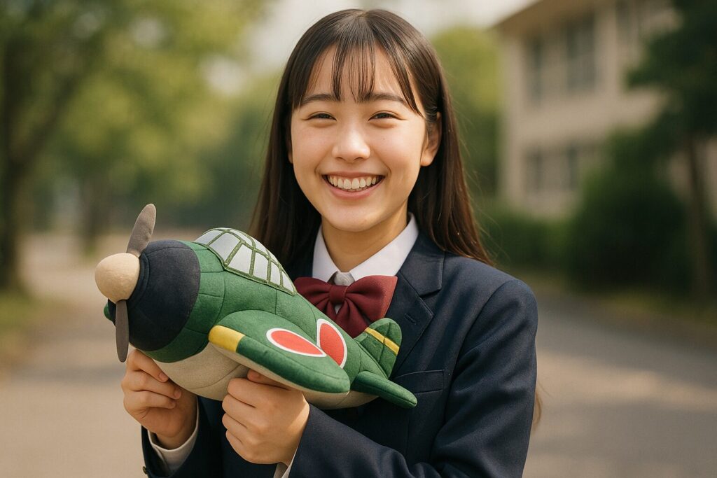 笑顔の女子高生
丸みをおびた零戦のぬいぐるみを抱いている