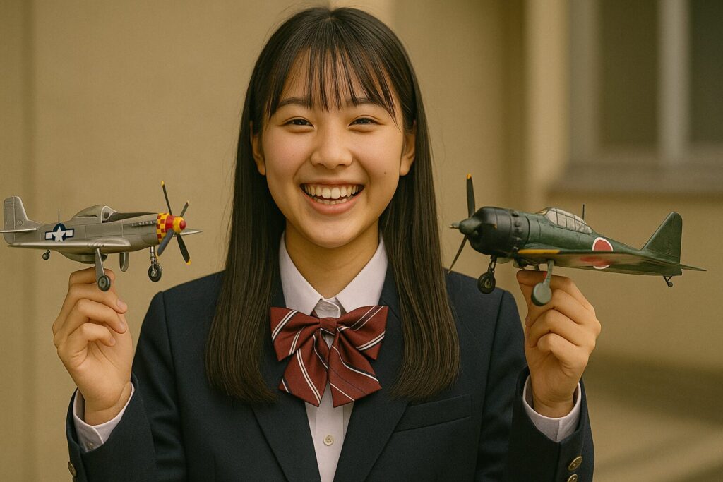 笑顔の女子高生
左右それぞれの手にP51と零戦の模型をもっている
