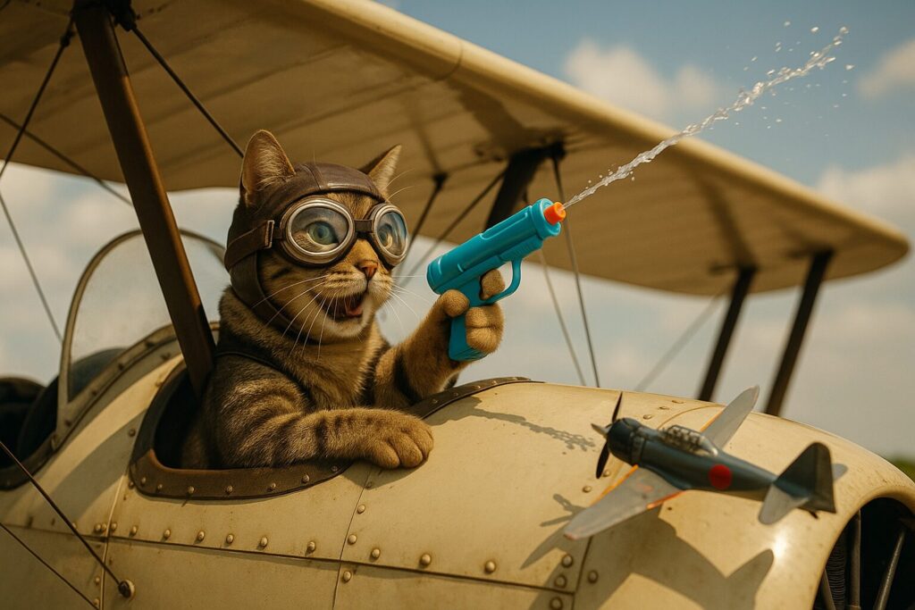 複葉機のコクピットから水鉄砲を撃ちまくる猫のパイロット