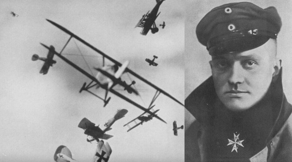 複葉機の空中戦とドイツ軍パイロットの肖像写真