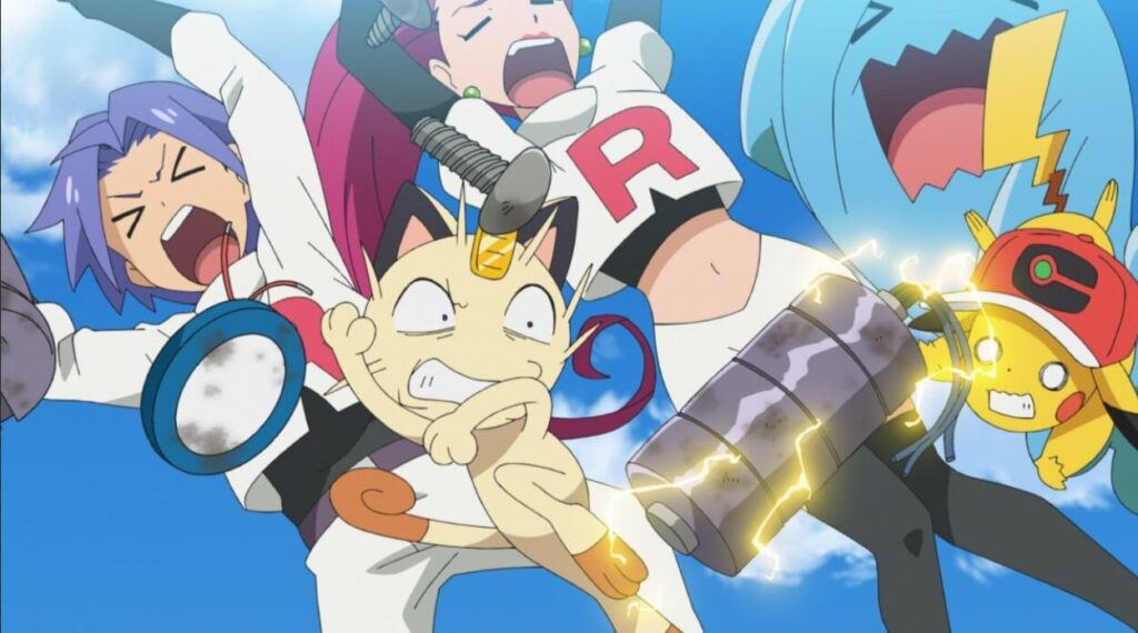 アニメの悪役キャラクターたちが吹き飛ばされるシーン