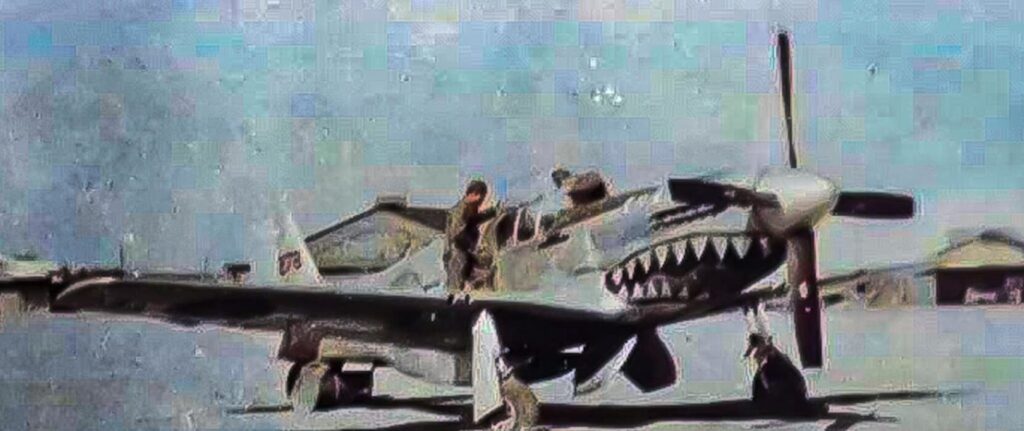 滑走路で整備されるレシプロ戦闘機