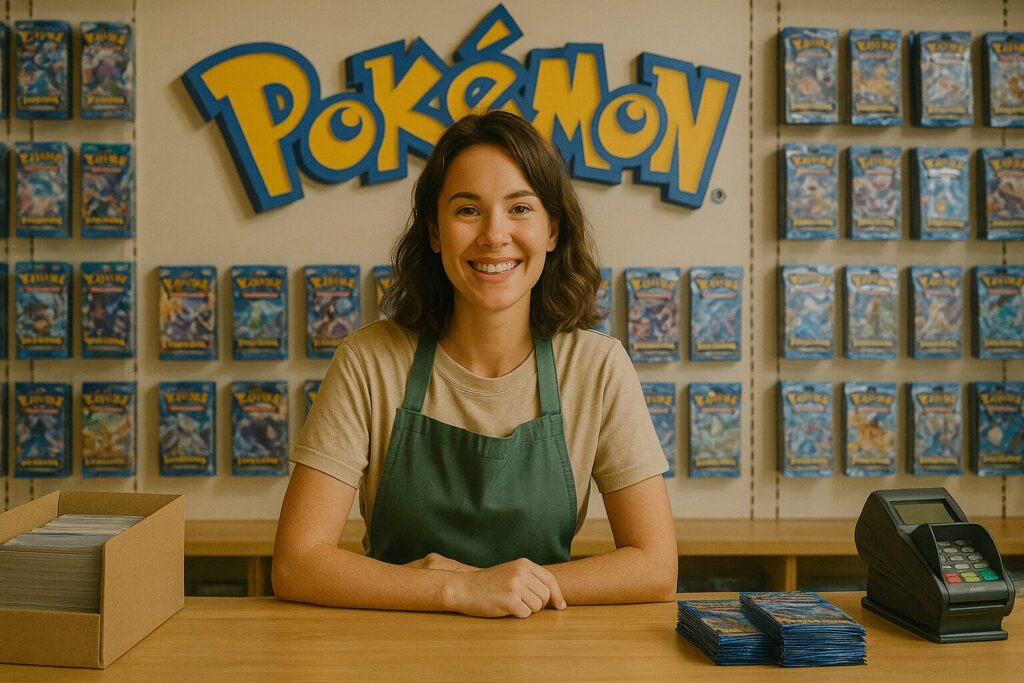 笑顔でカウンターの向こう側に立つポケモンカードショップの女性店員