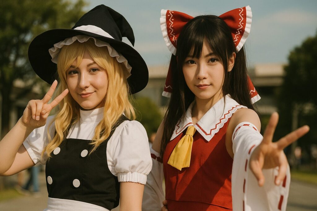 ポージングをする霊夢と魔理沙のコスプレイヤー