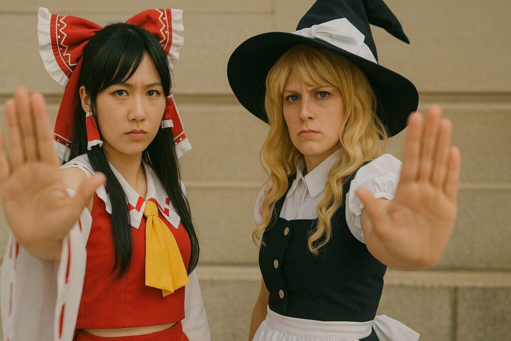 「お断りします」のポーズをする霊夢と魔理沙のコスプレイヤー