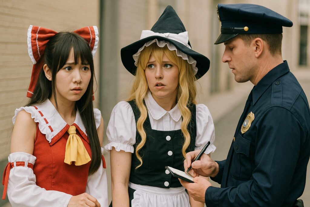 職務質問を受ける霊夢と魔理沙のコスプレイヤー