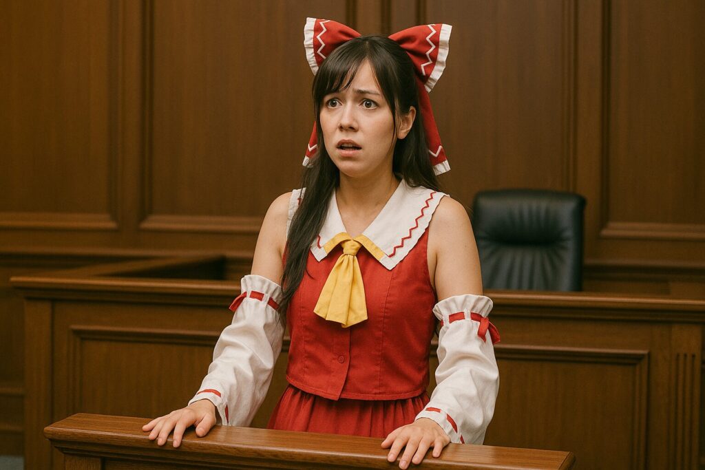 裁判の被告席に立たされる霊夢のコスプレイヤー