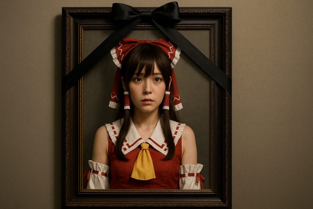 黒いリボンで飾られて額縁に収められた霊夢コスプレイヤーのポートレート