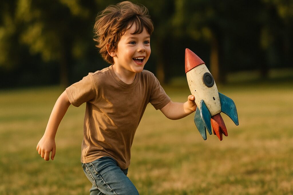 いびつなロケットのおもちゃを持って走る少年