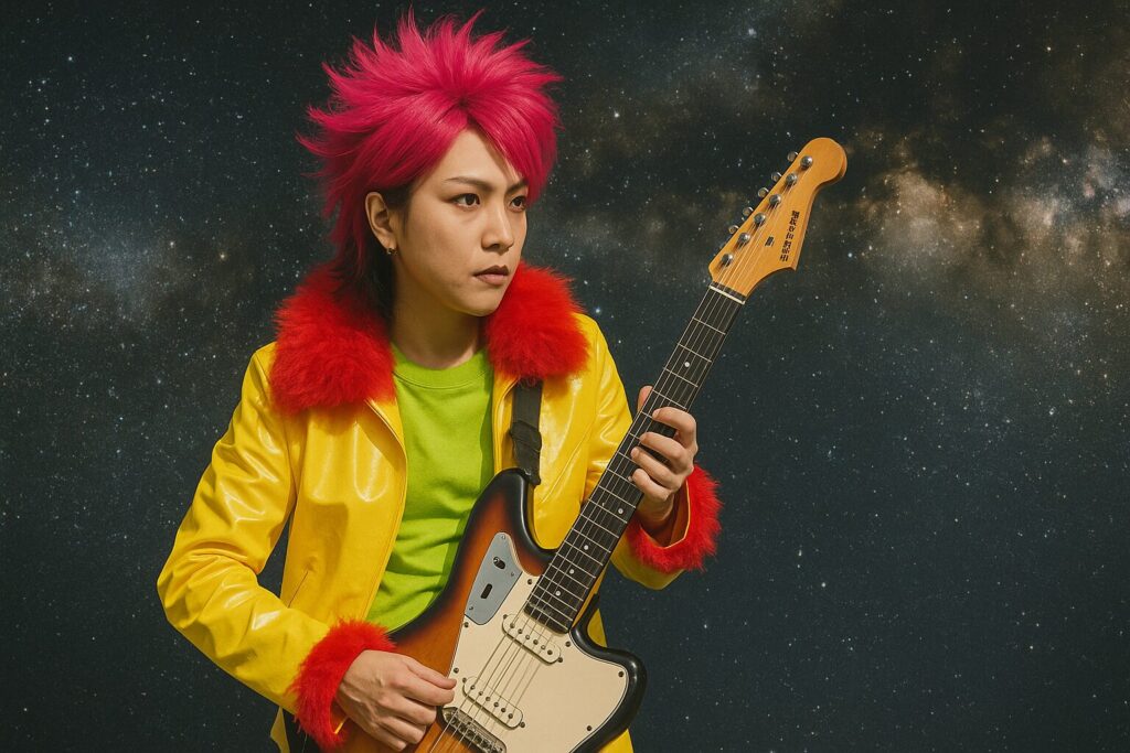 FERNANDES製ジャガータイプのギターで演奏するhideの「ロケット ダイブ」コスプレイヤー
