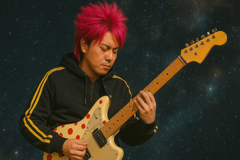 ブラックにイエローのライン入りジャージパーカーを着て演奏するhideの「ロケット ダイブ」コスプレイヤー