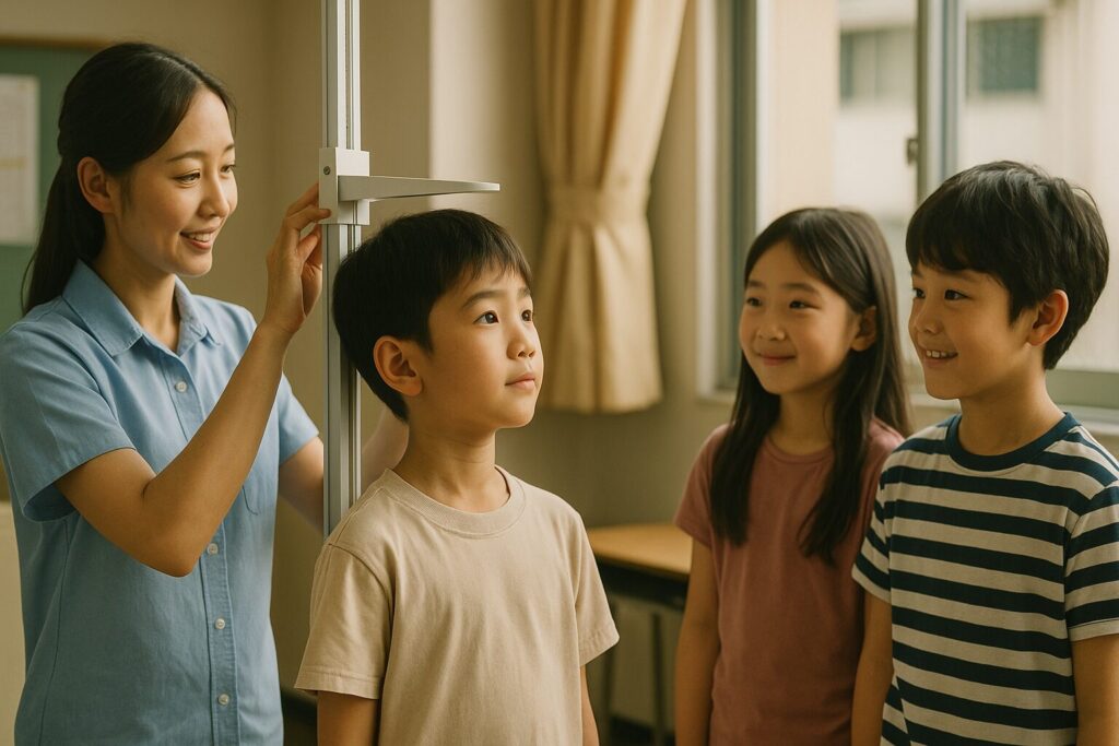身体測定で身長を測る小学生たち