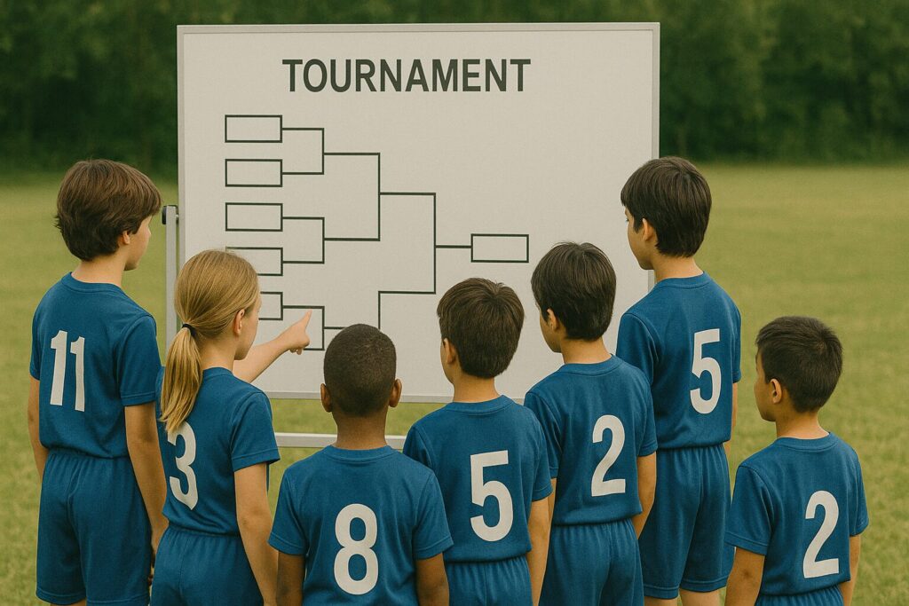 大きなトーナメント表を見る小学生のサッカーチーム