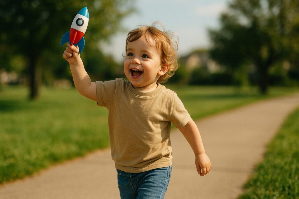 ロケットのおもちゃを高くかかげて走る幼児