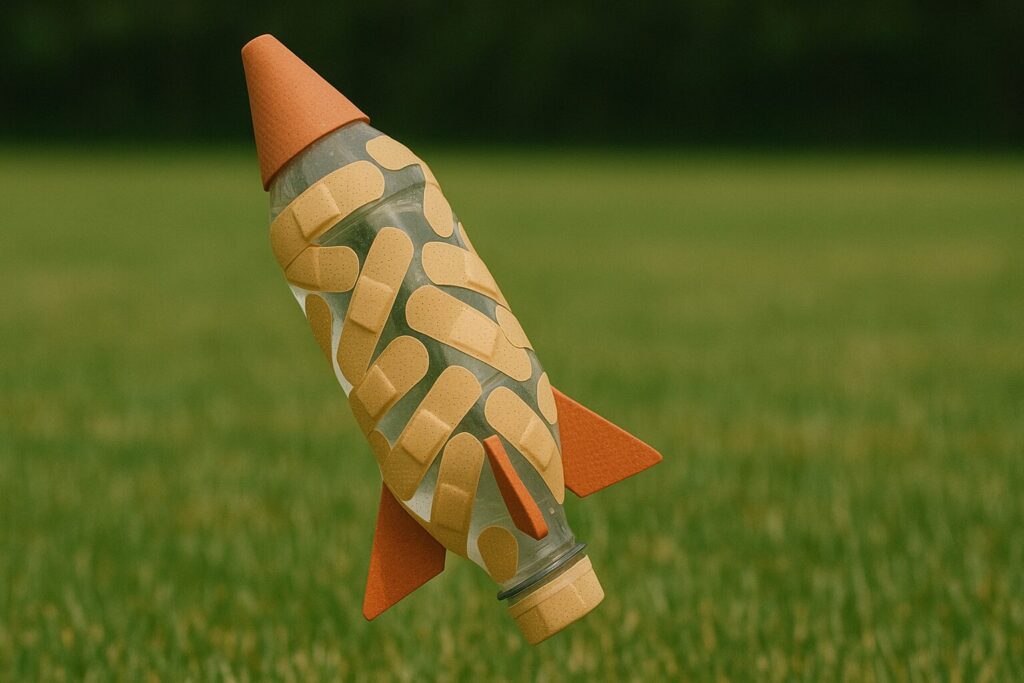 たくさんの絆創膏で修理されたペットボトルロケット